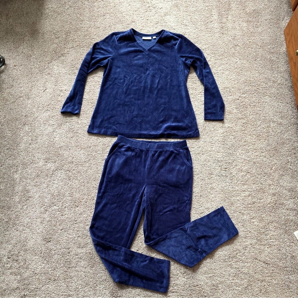 Denim & Co  Active Velour Top Pants Set Womens S  V Neck Navy Blue A270334